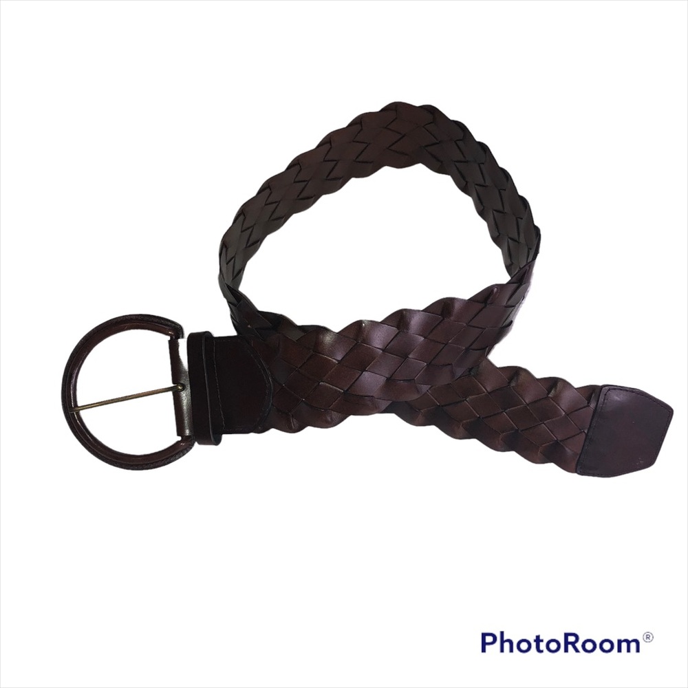 NEW YORK AND CO Wide Dark Brown Leather Woven Oversized buckle belt Size S/M